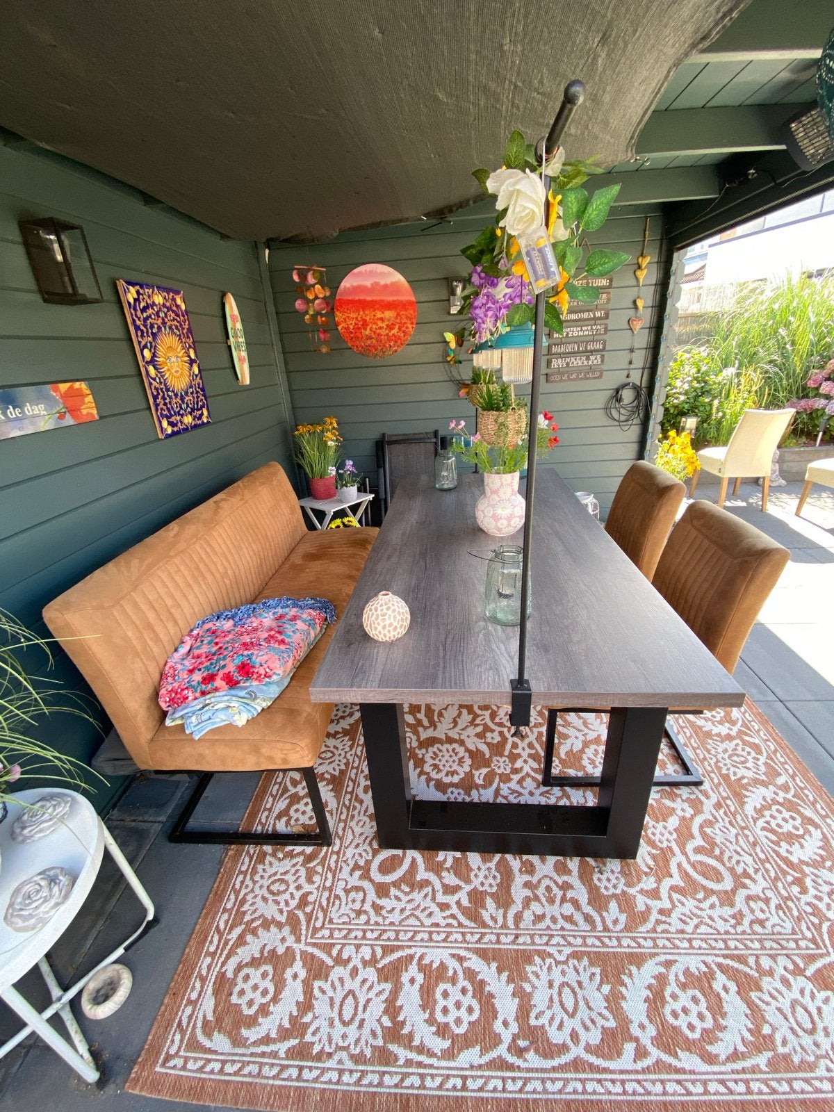 Stijlvolle eettafel met bank en stoelen voor buiten, Ophalen, Gebruikt, Rechthoekig, Metaal