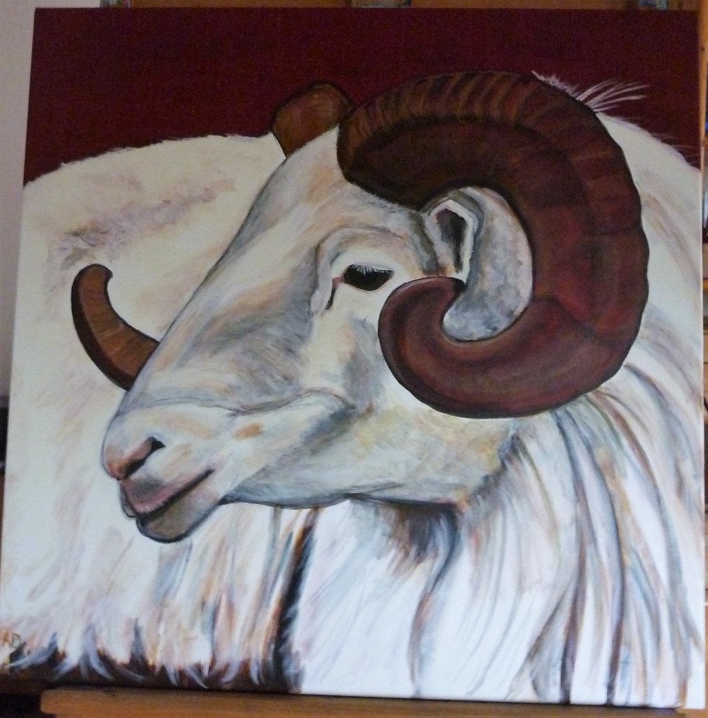 Ram, Antiek en Kunst, Acrylverf, Doek, Realistisch, Dieren