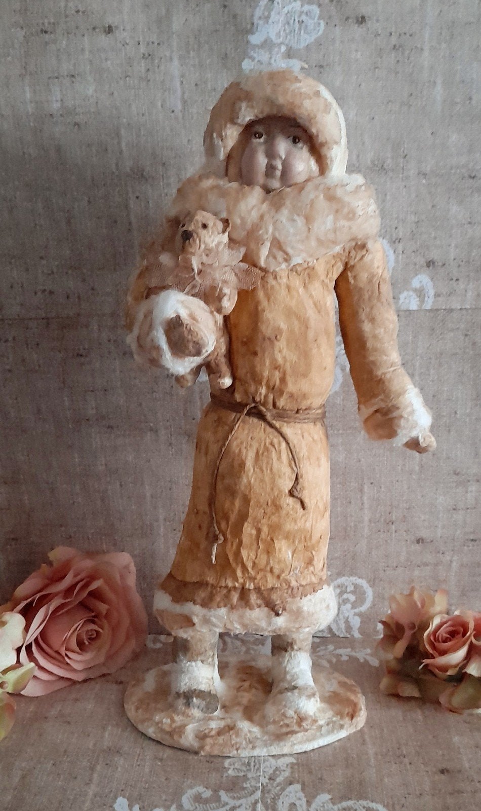 Prachtig brocante grote wattenpop met beertje Spun cotton, Ophalen of Verzenden