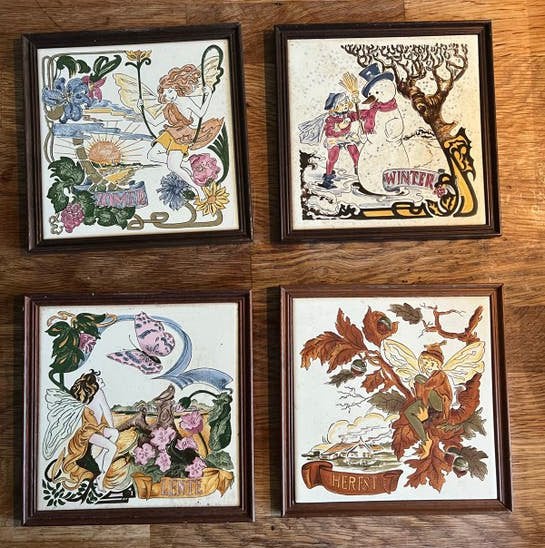 Set van 4 Art Nouveau tegels - Seizoenen, Antiek en Kunst, Ophalen of Verzenden