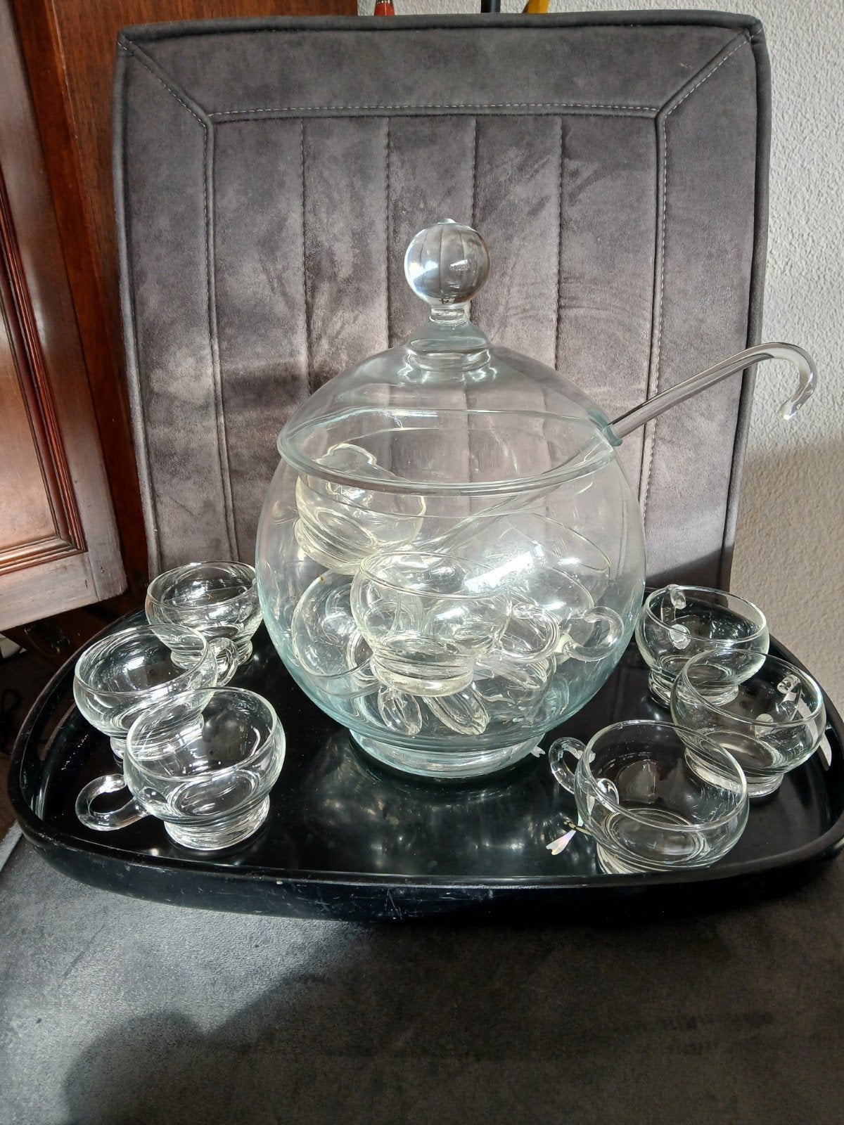 Glazen bowlstel met lepel en 12 bowlglazen, Ophalen, Zo goed als nieuw, Glas, Glas of Glazen
