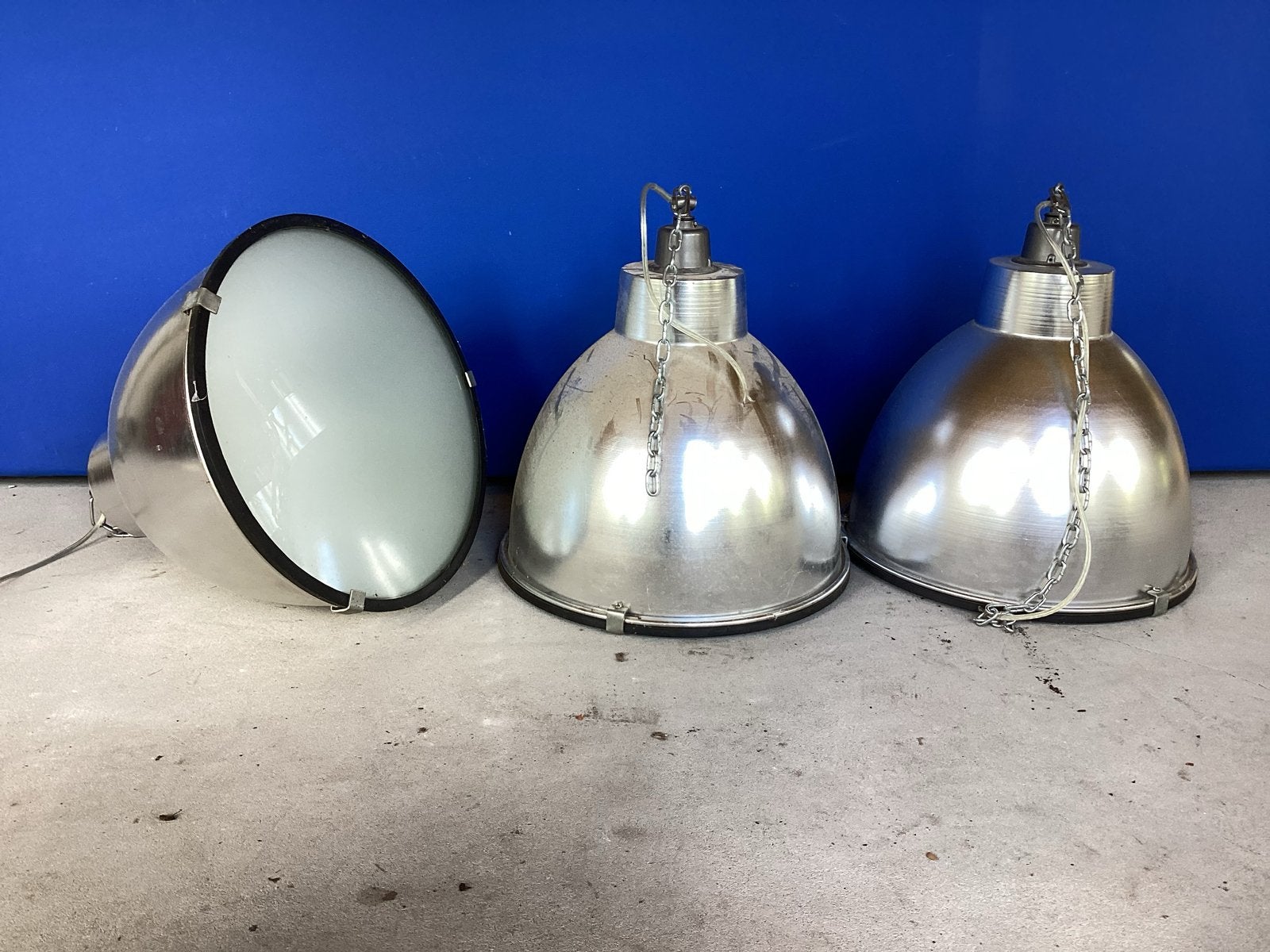 Set van 3 Vintage Industriële Hanglampen - Aluminium, Ophalen, Minder dan 50 cm, Gebruikt, Minder dan 25 cm