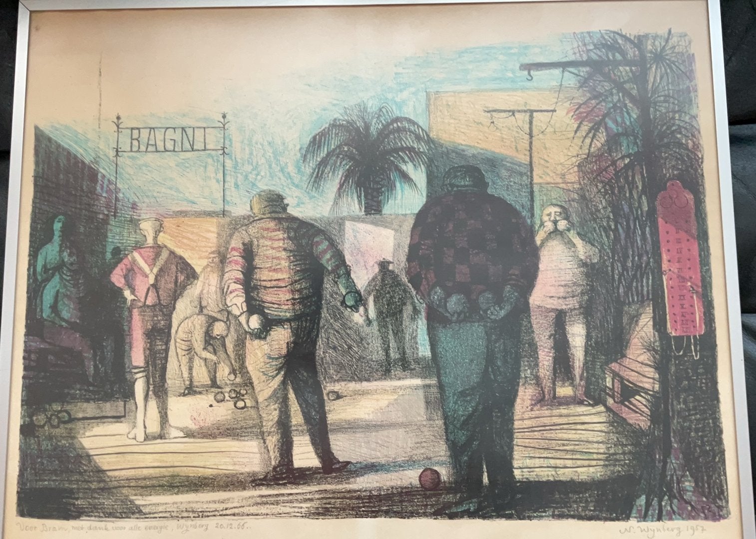 Vintage print van W.Wijngaard - Mannen aan het jeu de boulen, Antiek en Kunst, Kunst | Schilderijen | Klassiek, Ophalen, Portret of Personen