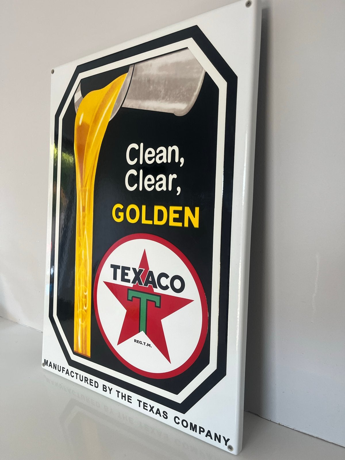 Vintage Texaco Emaille Reclamebord - Clean, Clear, Golden, Ophalen, Zo goed als nieuw, Reclamebord
