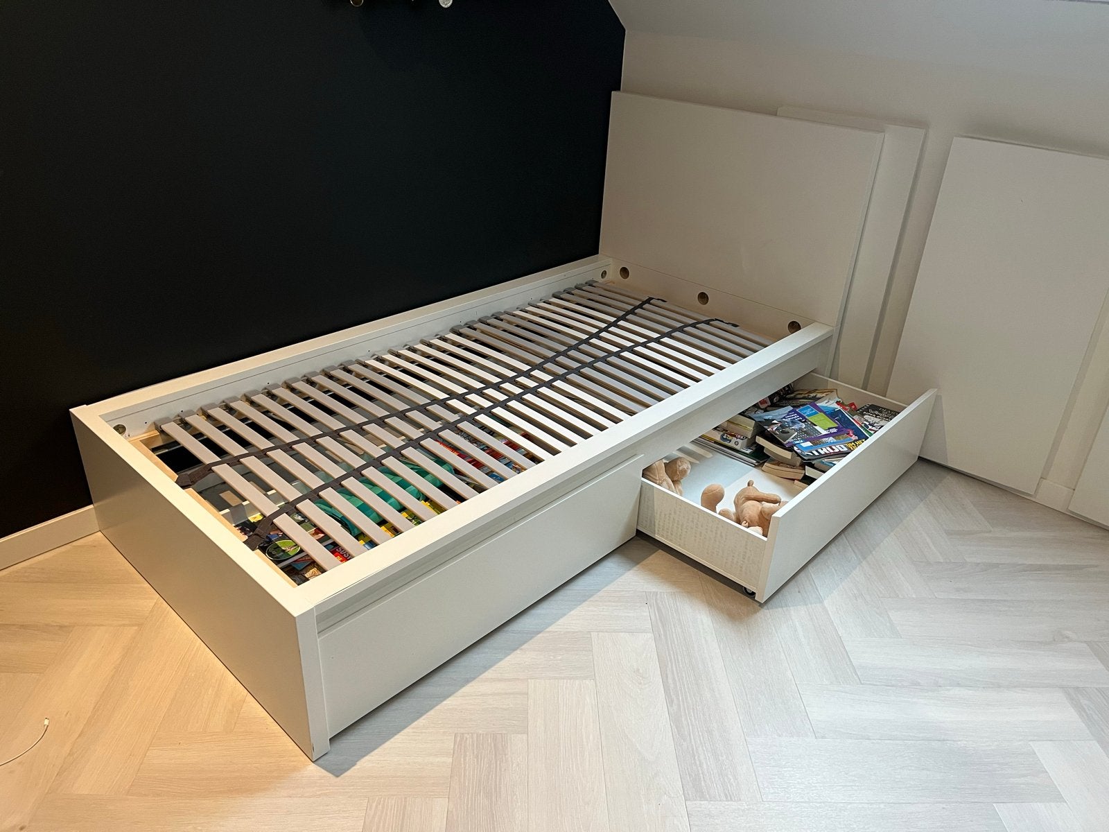 Eenpersoonsbed met opberglades - Wit, Ophalen, Gebruikt, 90 cm, Eenpersoons