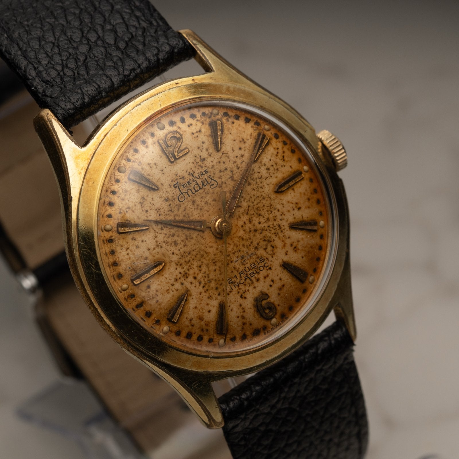 Vintage Indus Deluxe Polshorloge - Verguld met Leren Band, Overige merken, Overige materialen, Met bandje, Polshorloge