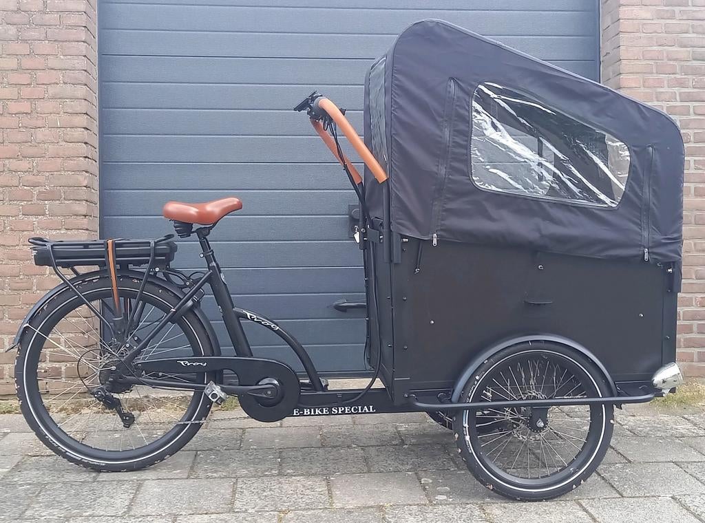 Elektrische Troy met regenhuif, Fietsen en Brommers, Fietsen | Bakfietsen, 4 kinderen of meer, Gebruikt, Huif, Schijfrem