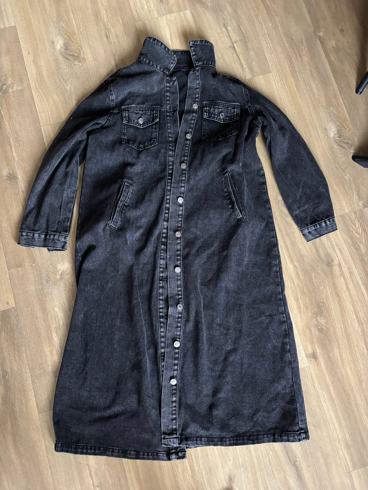Lange zwarte denim jas/jurk - Maat L, Ophalen of Verzenden, Zo goed als nieuw, Maat 42/44 (L), Zwart