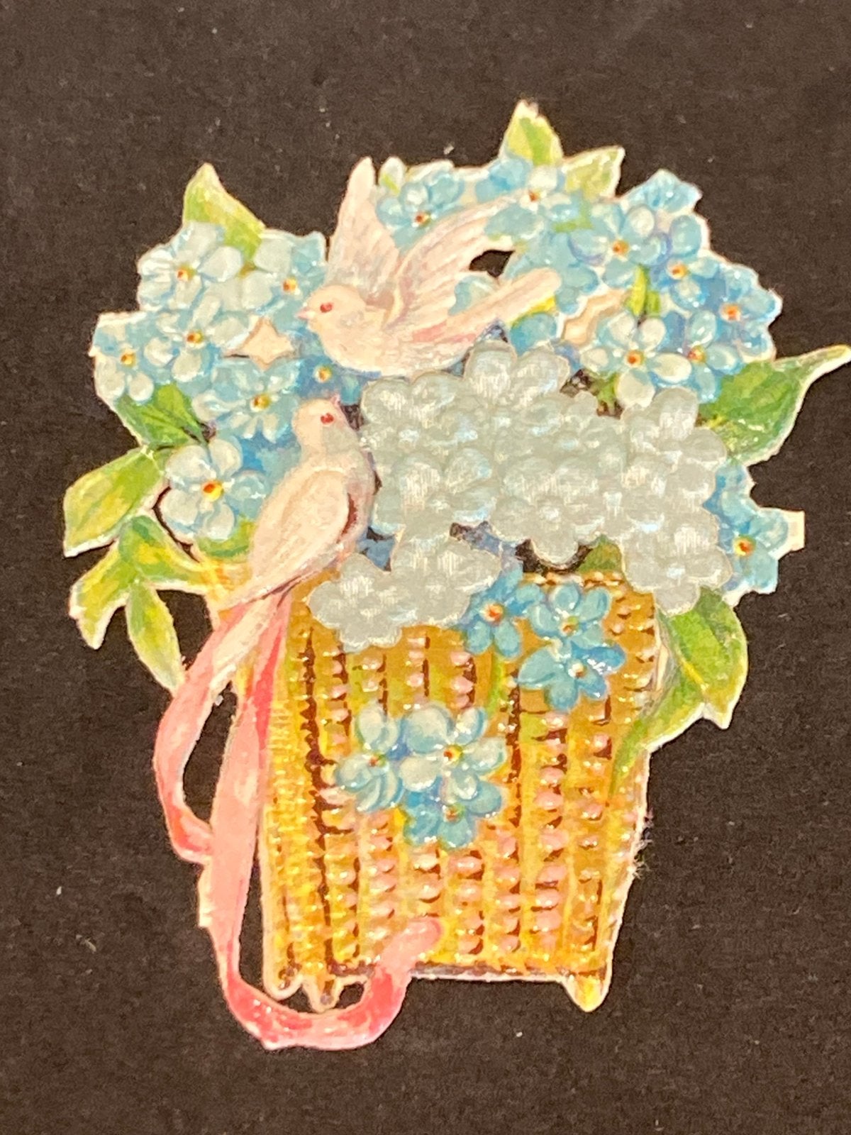 Antiek poezieplaatje, blauwe bloemen en sierduifjes (150926), Ophalen of Verzenden
