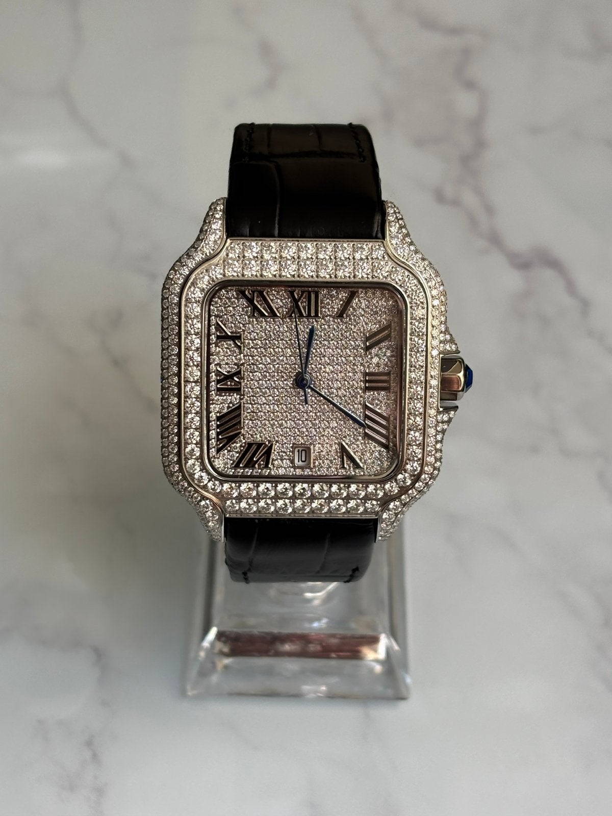 Leren strap Santos Style Watch Moissanite VVSAutomatic, Overige merken, Leer, Staal, Polshorloge