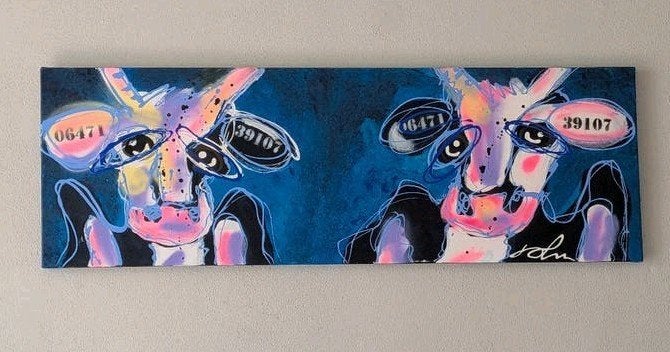 Schilderij van 2 Koeienkoppen "2 Brothers", Ophalen, Origineel werk, Doek, Expressionistisch