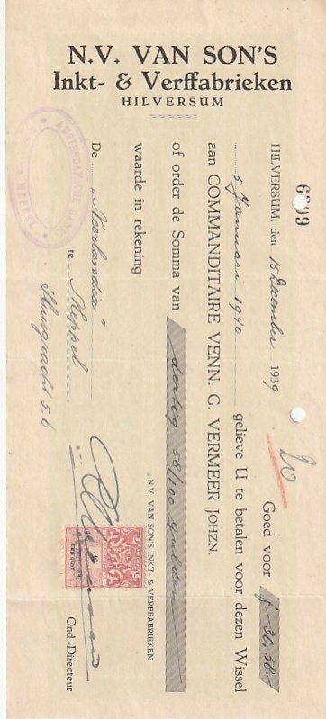 Hilversum  Van Son inkt en verffabriek wissel 1939, Ophalen of Verzenden, Zo goed als nieuw, Overige typen