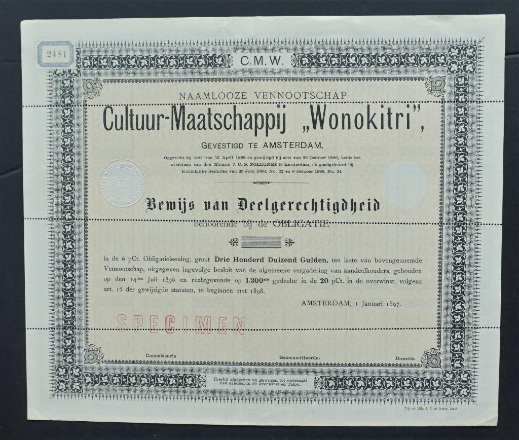 Cultuur Maatschappij Wonokitri (Koffie/Ned.Indie) 1897, Postzegels en Munten, Verzenden, Voor 1920, Aandeel