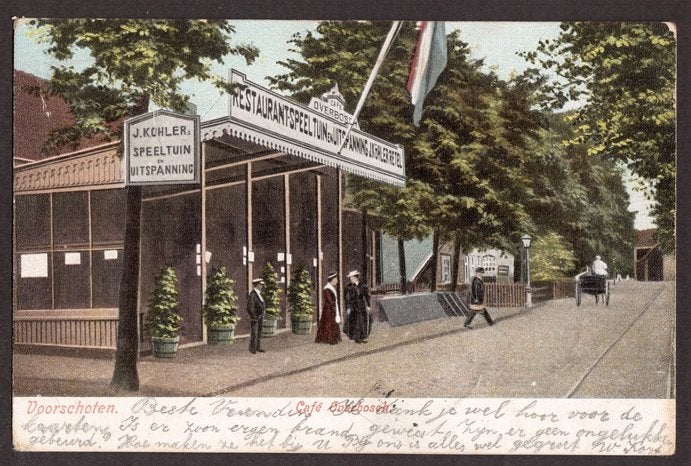 Voorschoten, Café Overbosch. 1905., Ophalen of Verzenden, Voor 1920, Gelopen, Zuid-Holland