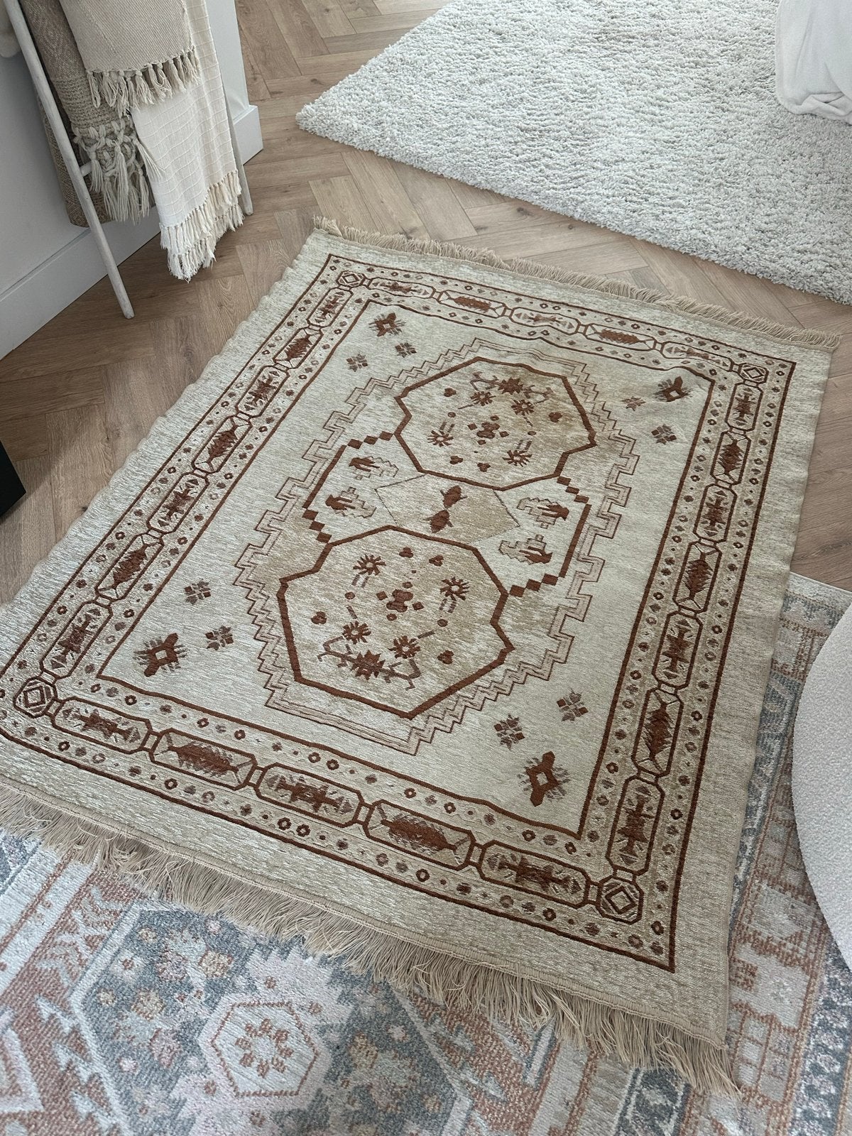 Vintage Bohemien Aztek Wasbaar Tapijt Beige Bruin Wit, Gebruikt, 100 tot 150 cm, Beige, Ophalen of Verzenden