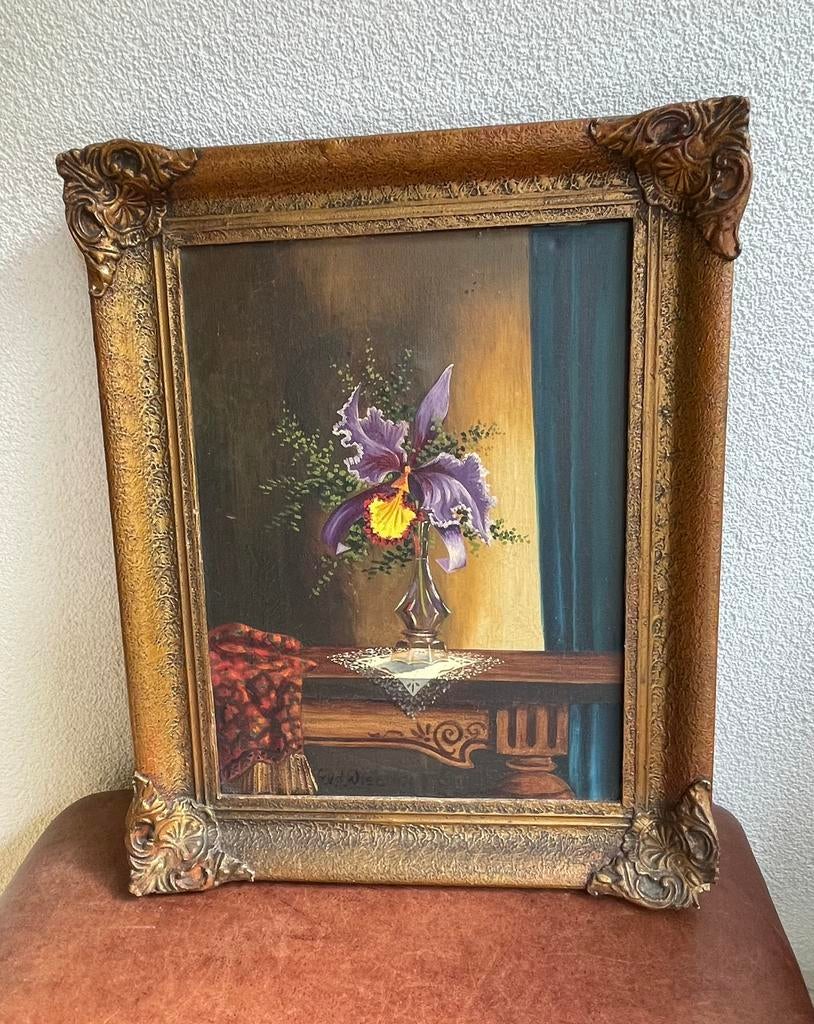 Schilderij bloem in vaas G. vd Wiel goudkleurige lijst, Antiek en Kunst, Kunst | Schilderijen | Klassiek, Ophalen