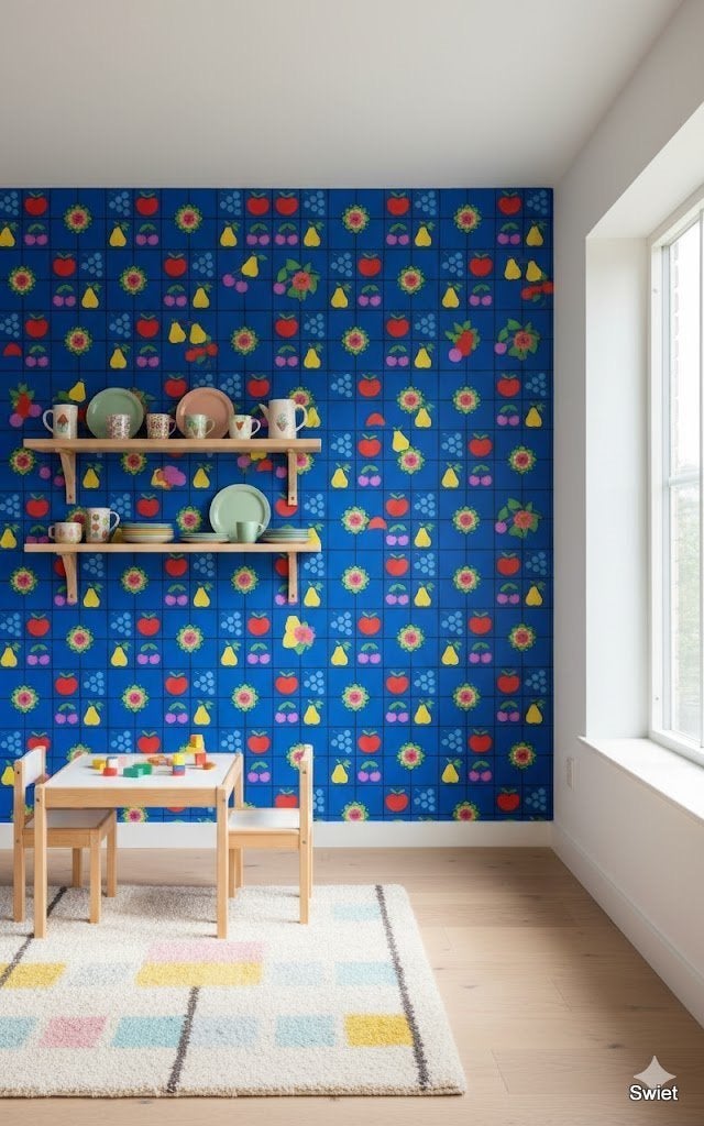 14267 vintage fruitbehang blauw rood geel groen 70s swiet, Ophalen of Verzenden, Groen