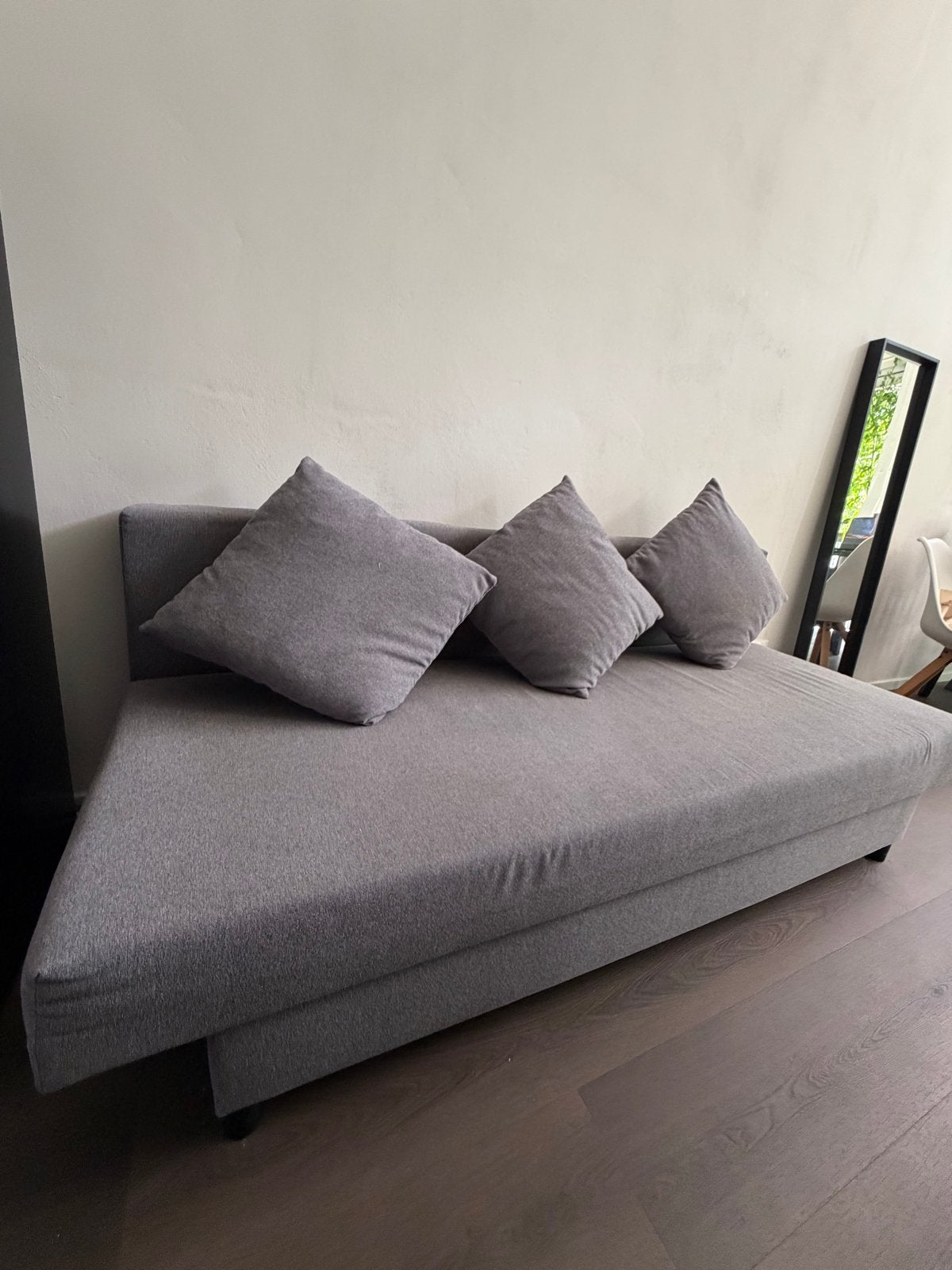 Grijs IKEA ÄLVDALEN 3zits slaapbank + Opbergruimte + Kussens, Ophalen, Tweepersoons, 140 cm, Zo goed als nieuw