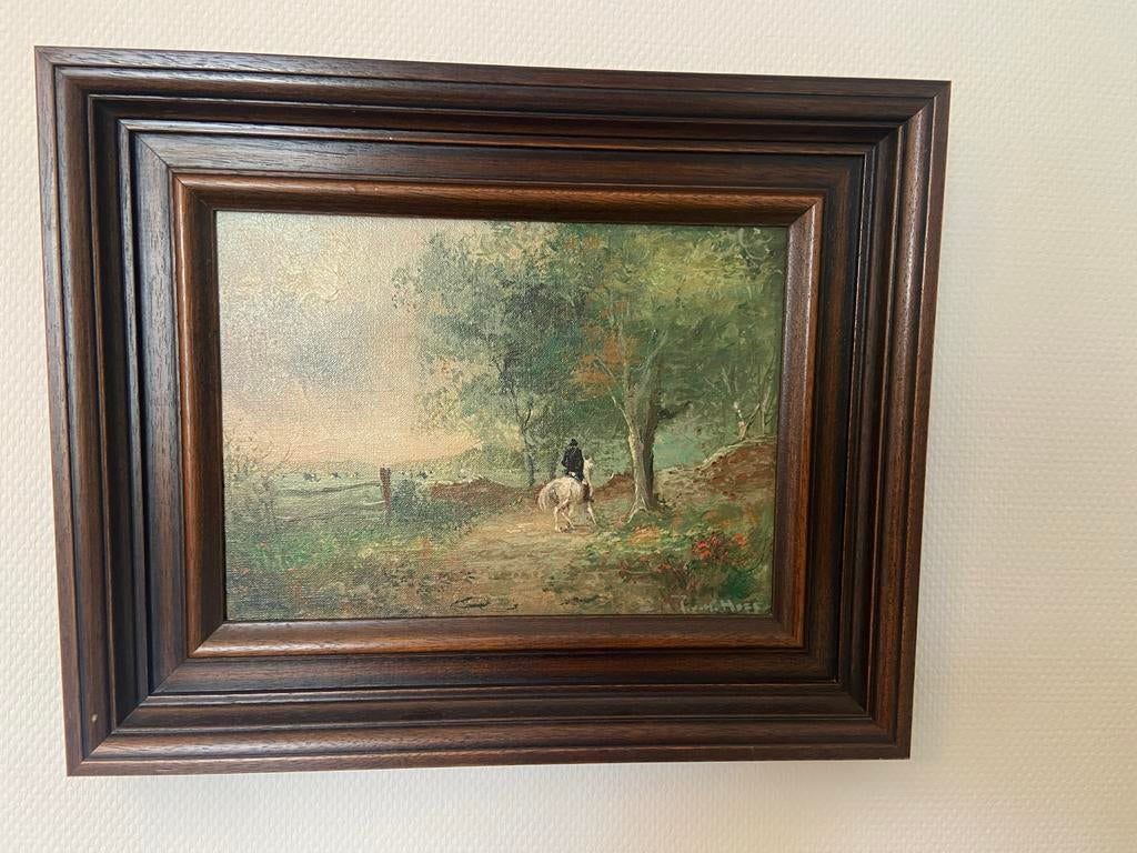 Sfeervol Landschap met Ruiter op Wit Paard - R. van het Hoff, Antiek en Kunst, Kunst | Schilderijen | Klassiek, Ophalen