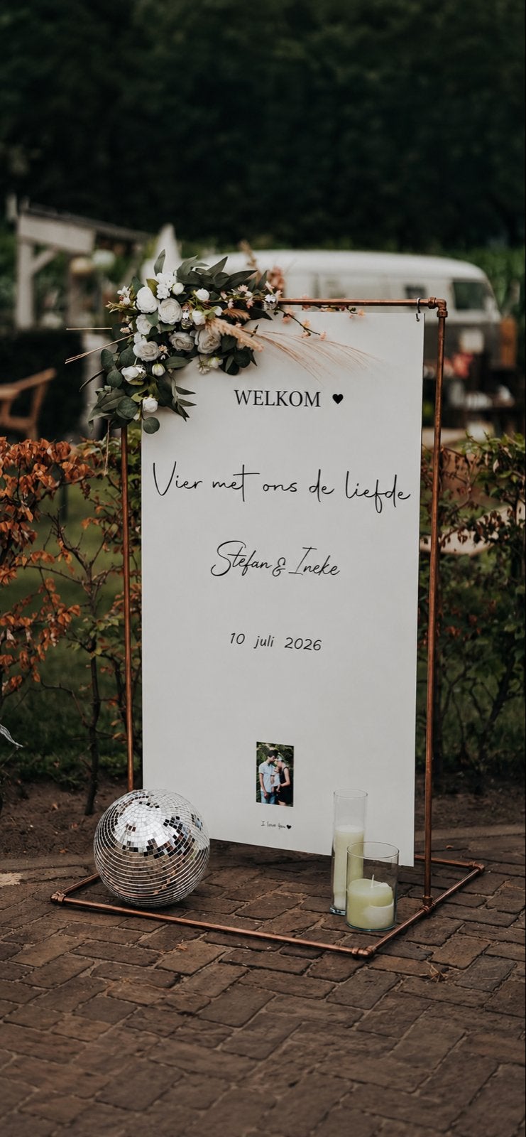 Koperen Frame Welkomsbord voor Bruiloft of Feest, Ophalen, Zo goed als nieuw, Versiering, Geboorte of Huwelijk