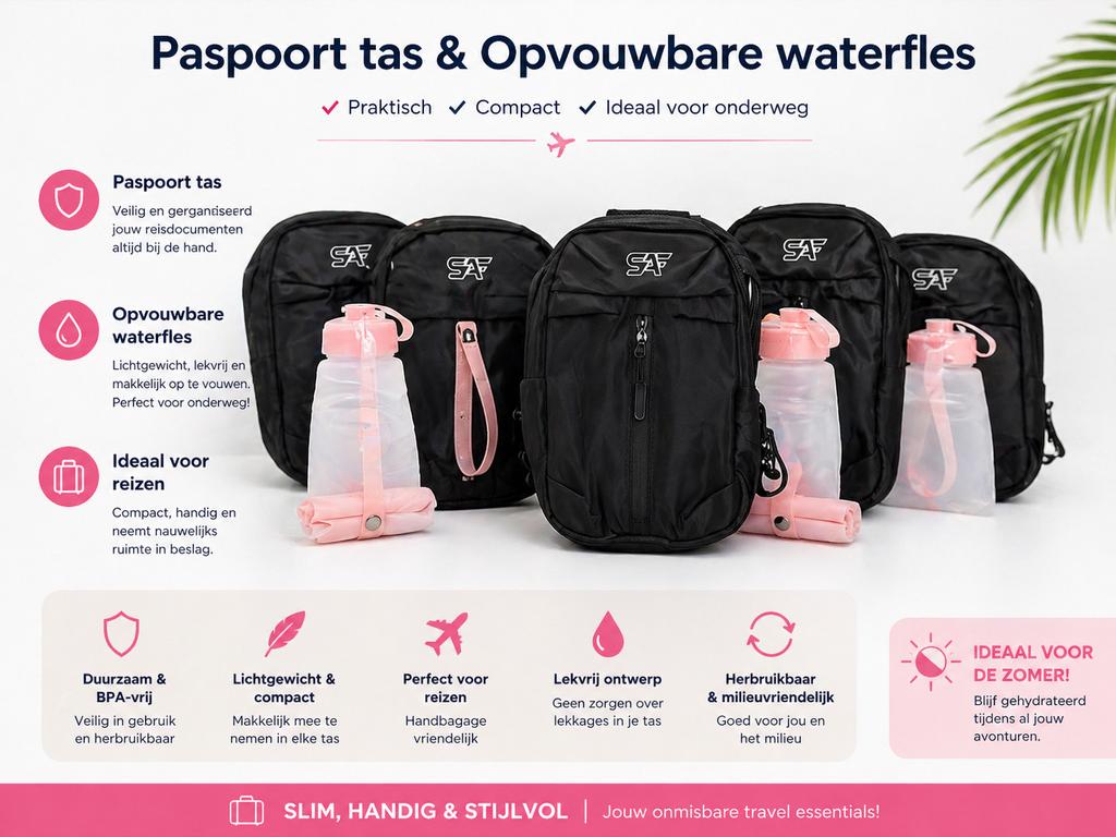 Paspoort tas & Opvouwbare waterfles - Ideaal voor reizen, Ophalen of Verzenden, Nieuw, Zwart, Overige typen