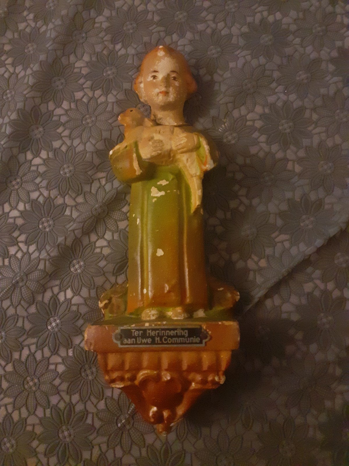 Oud beeldje kind met lam - Herinnering H. Communie, Ophalen of Verzenden