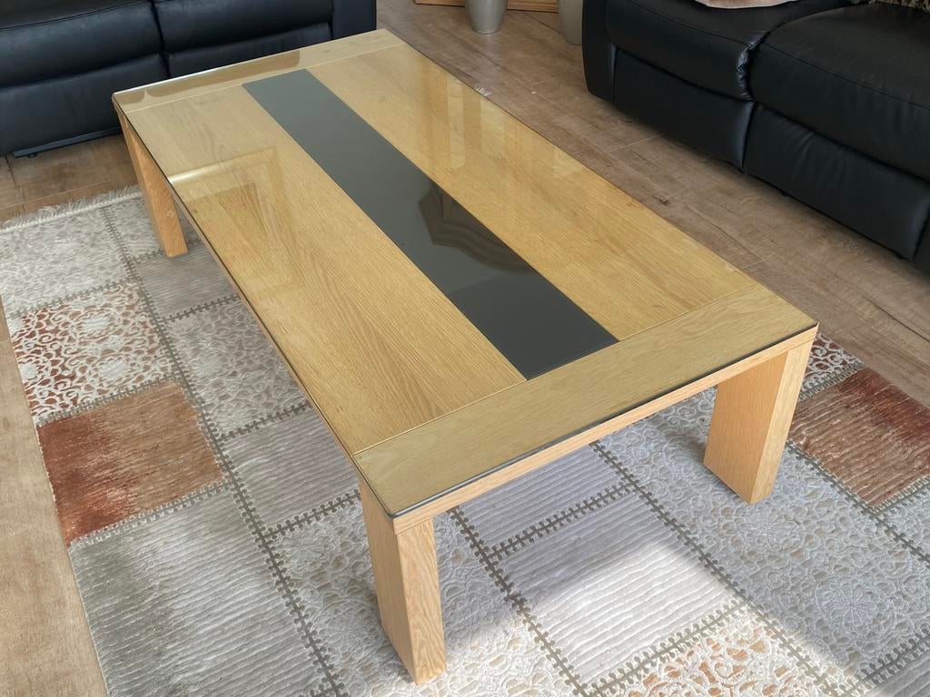 Eikenhout salontafel met glasplaat op maat, Ophalen, 100 tot 150 cm, Eikenhout, 50 tot 100 cm