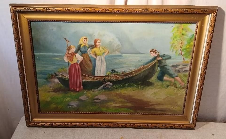 Oud Geschilderd Werk 'Op weg met de Roeiboot' - Tomasi, Antiek en Kunst, Kunst | Schilderijen | Klassiek, Ophalen of Verzenden