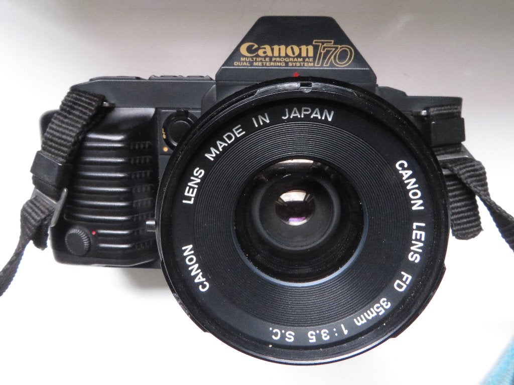 Canon T70 + Canon New FD (nFD) 35mm f/3.5, Audio, Tv en Foto, Fotocamera's Analoog, Verzenden, Gebruikt, Spiegelreflex, Canon