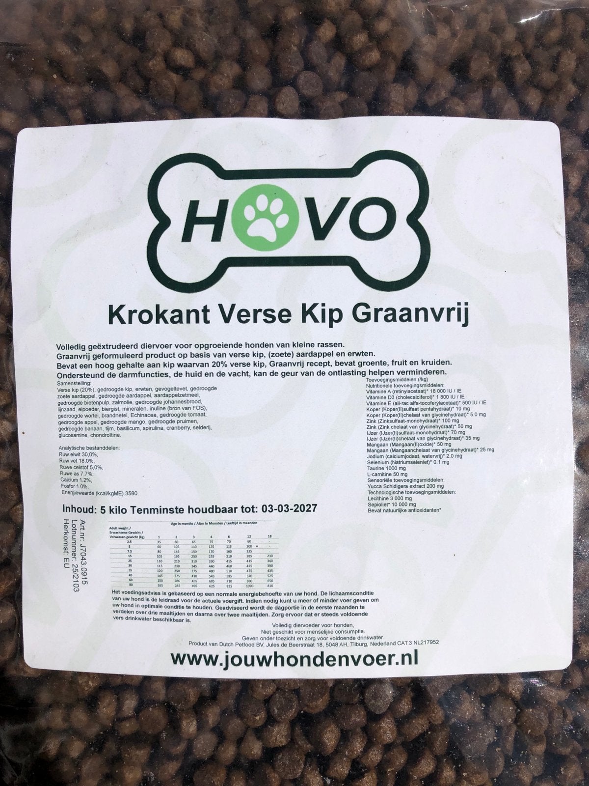 Hovo 5kg krokante verse kip hondenvoer (graanvrij), Dieren en Toebehoren, Ophalen of Verzenden, Hond