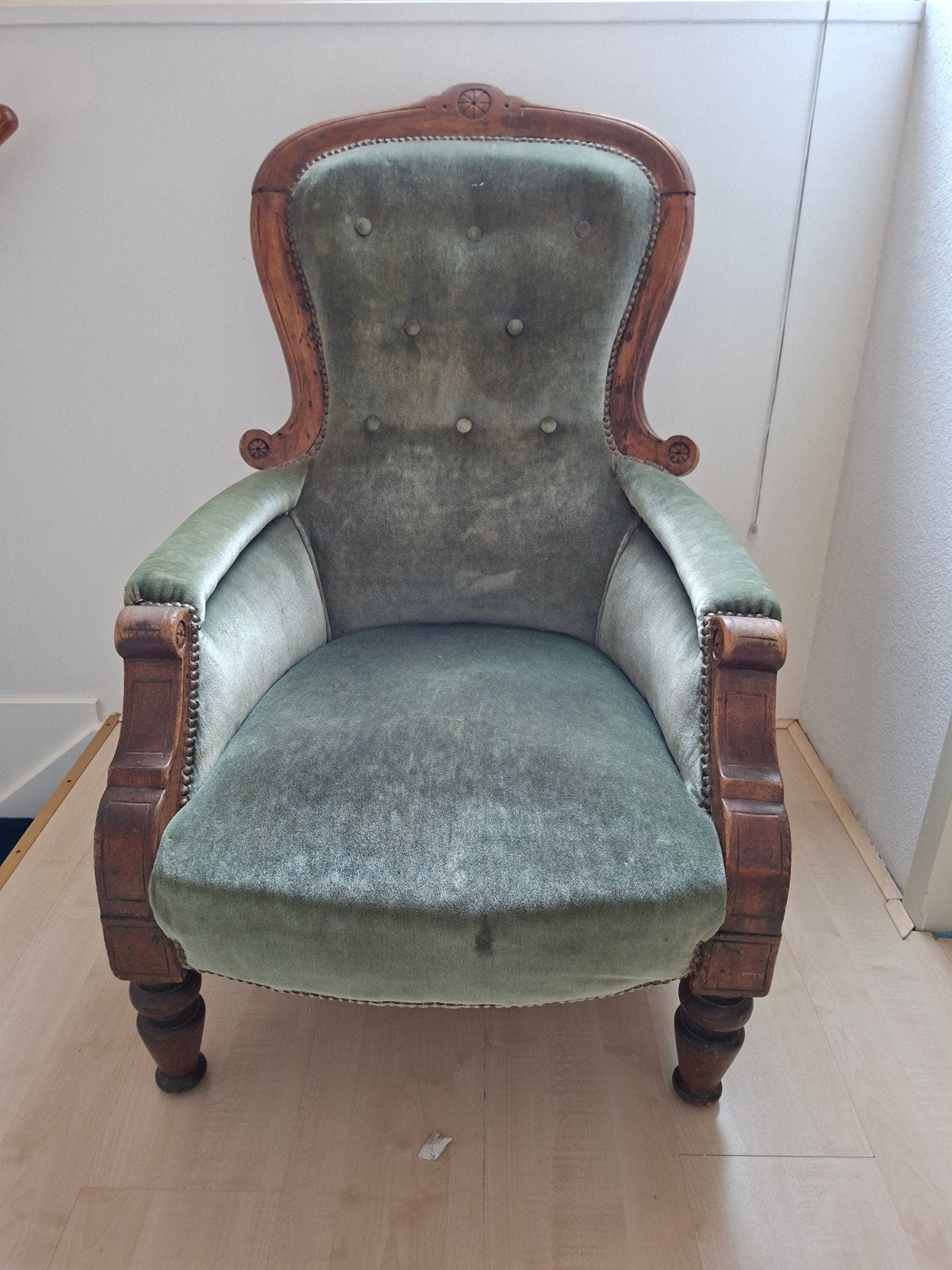 Antieke Voltaire Fauteuil - Groen Fluweel Hout, Ophalen