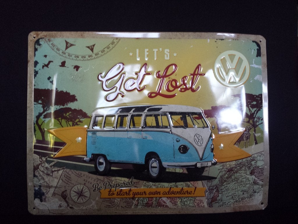 Metalen BORD <> VW Bulli – Let’s Get Lost <> ca 40x30 cm., Ophalen of Verzenden, Huis en Inrichting