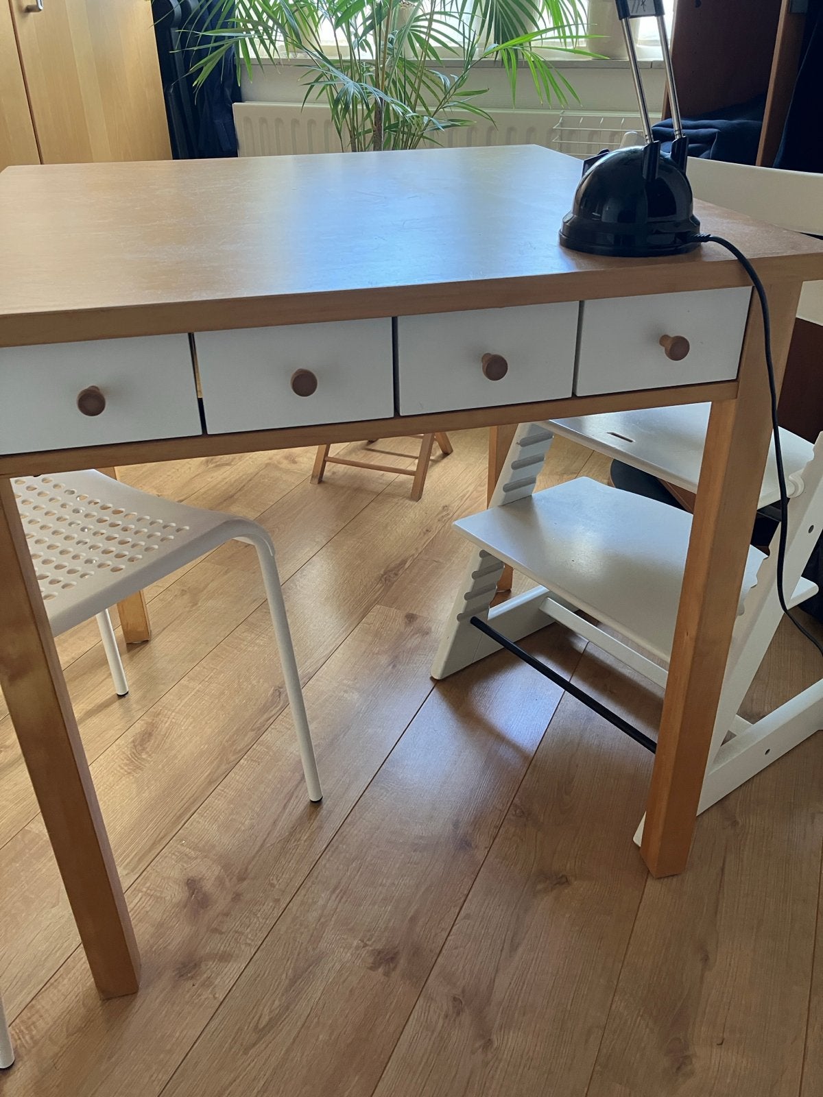 Houten eettafel/bureau met lades, Huis en Inrichting, Ophalen, Gebruikt, 50 tot 100 cm, Vierkant