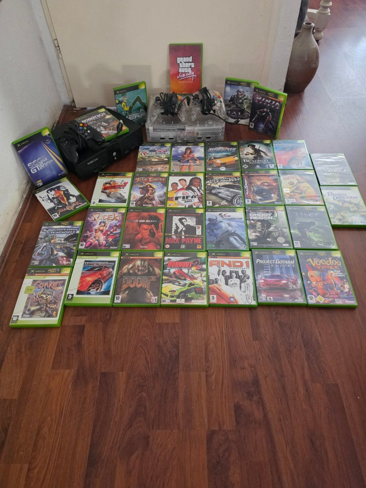 2 maal Xbox Original incl. 34 originele games!, Ophalen, Gebruikt, Met 2 controllers, Crystal/doorzichtig