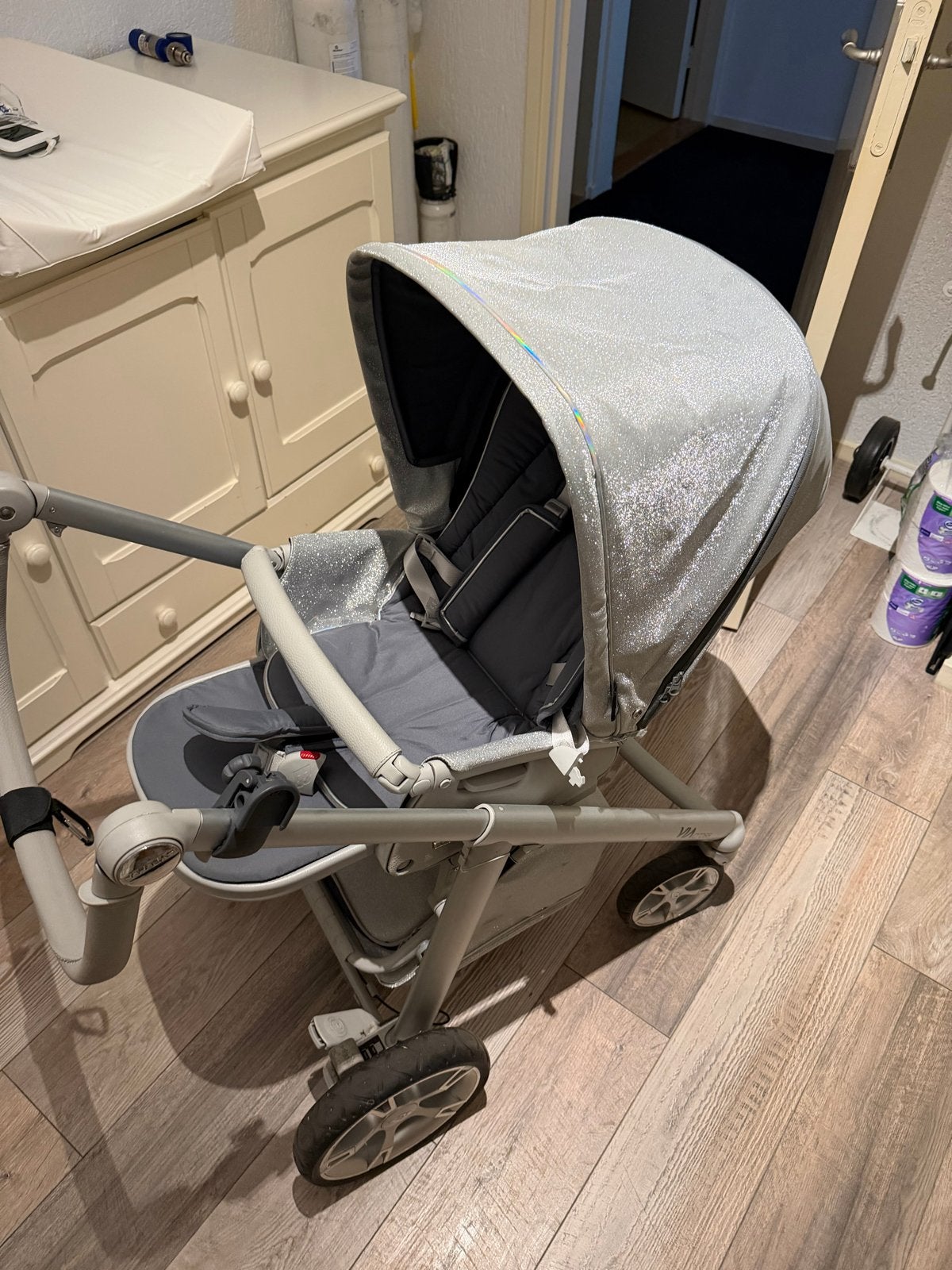 Luxe Bébécar Via Kinderwagen Set | Zilver Glitter + Isofix, Ophalen, Gebruikt, Combiwagen, Met autostoeltje