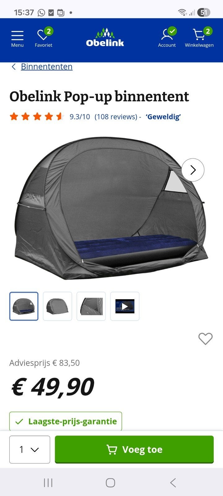 Obelink Pop-up binnentent  met luchtbed. Zo goed als nieuw, Ophalen, Zo goed als nieuw, Tot en met 2