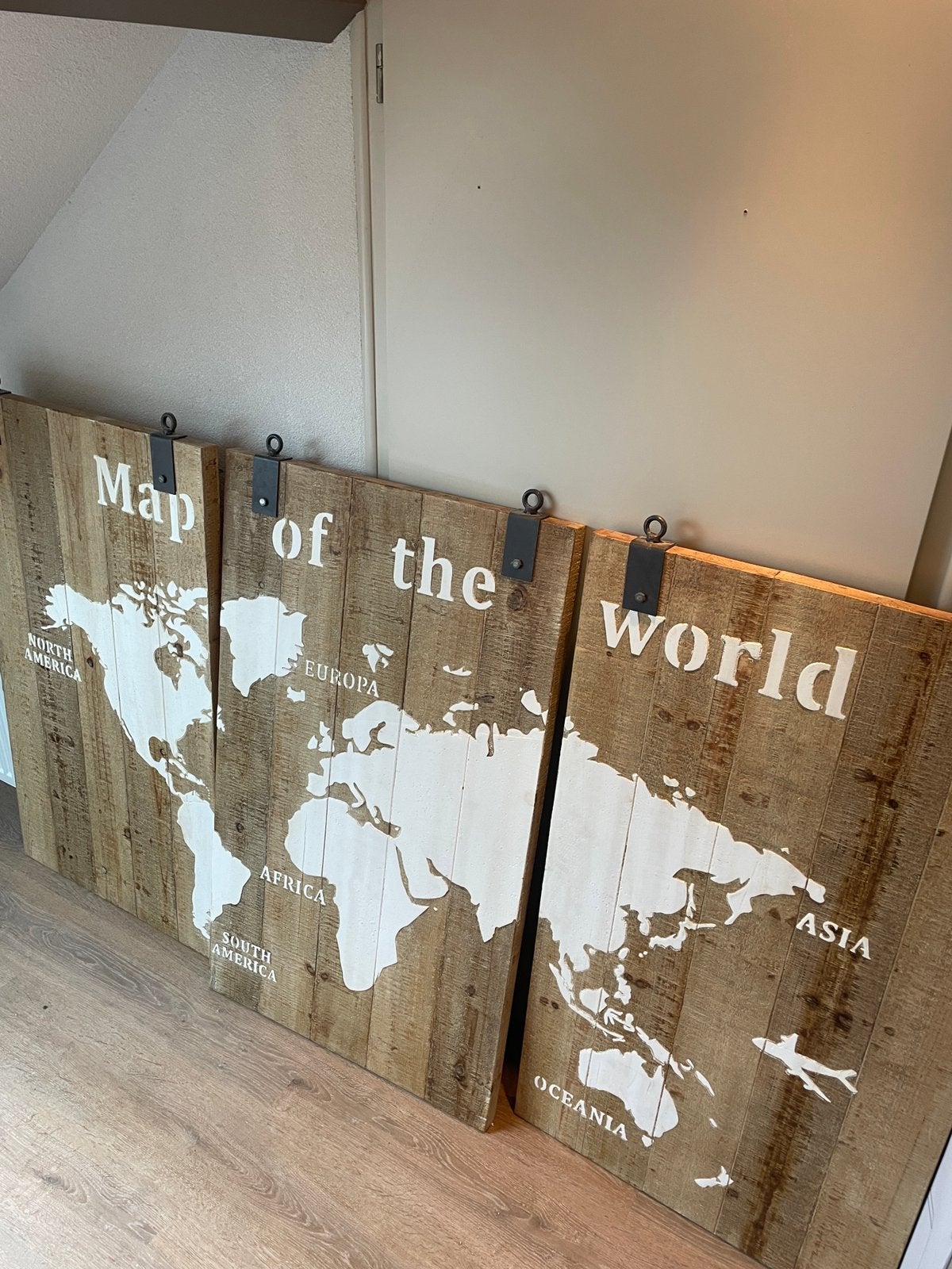 Houten wandpanelen 'Map of the World' - 3 stuks, Ophalen, Zo goed als nieuw, Hout, Wandbord of Wandpaneel