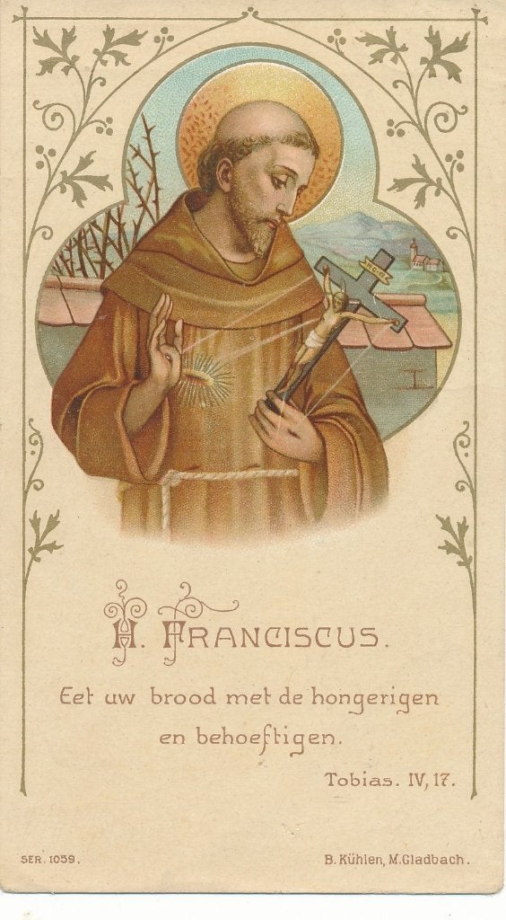 Mooi oud prentje van de H. Franciscus beschrijving en gebed, Ophalen of Verzenden, Zo goed als nieuw, Kaart of Prent, Christendom | Katholiek