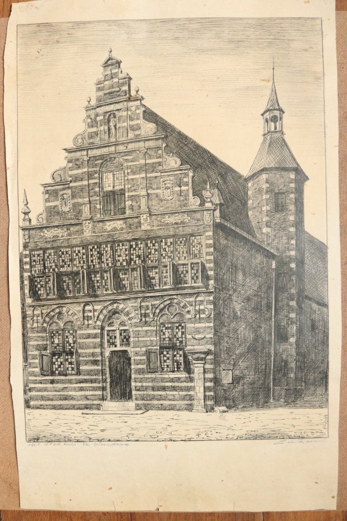 Ets Het Stadhuis te Woerden - C. de Zeeuw, gesigneerd, Ophalen, Gesigneerd, Ets, Architectuur