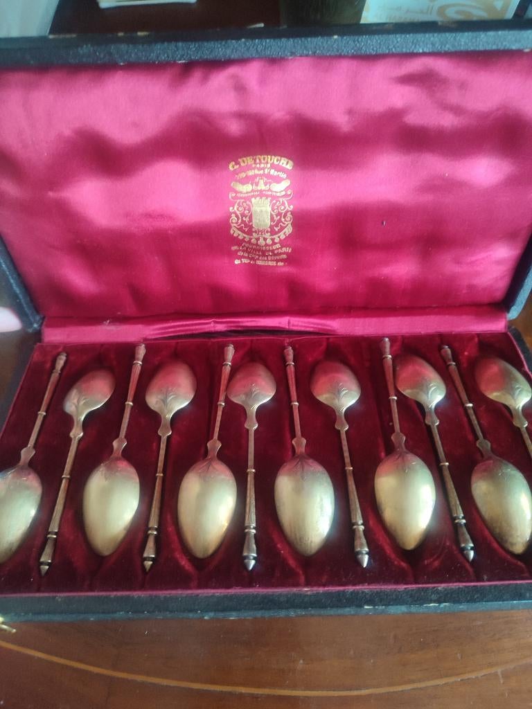 12 zilveren verguld lepels, Frankrijk 19 eeuw, Antiek en Kunst, Antiek | Goud en Zilver, Ophalen of Verzenden, Zilver