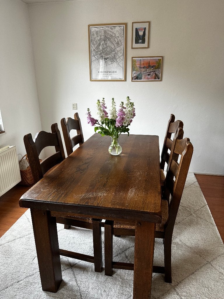 Massief eiken eettafel 160x80 cm + 4 stoelen - landelijk, Ophalen, Gebruikt, Eikenhout, 50 tot 100 cm