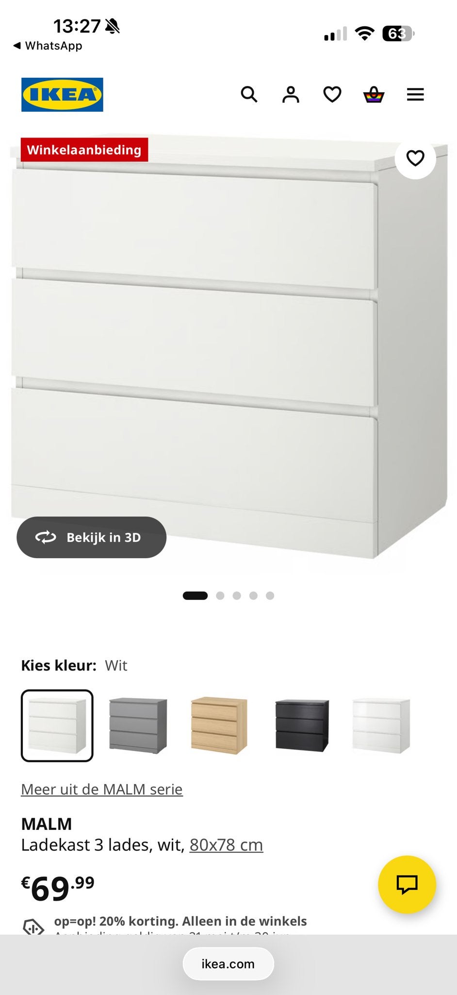IKEA MALM Ladekast wit - 3 lades (80x78 cm, Ophalen, Gebruikt, 3 of 4 laden, 25 tot 50 cm