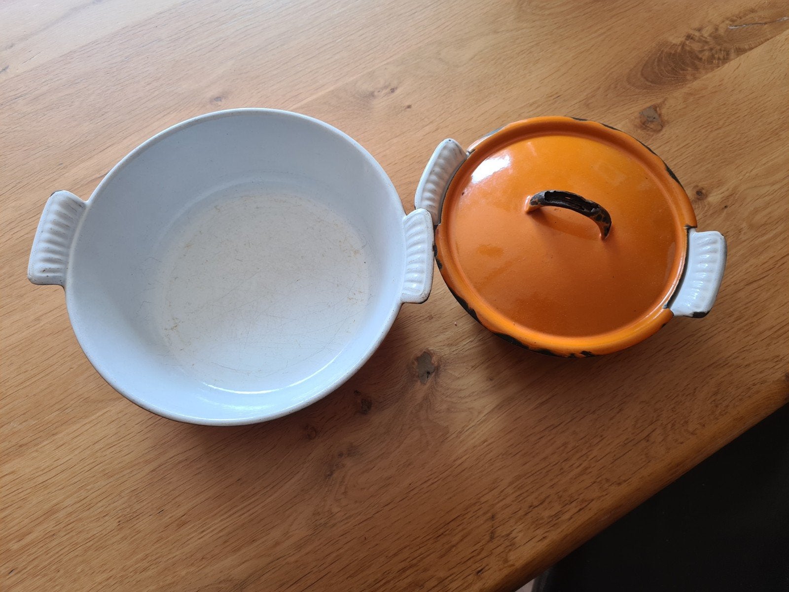 Vintage oranje emaille pannenset, DRU. min. 65 Jr oud., Ophalen