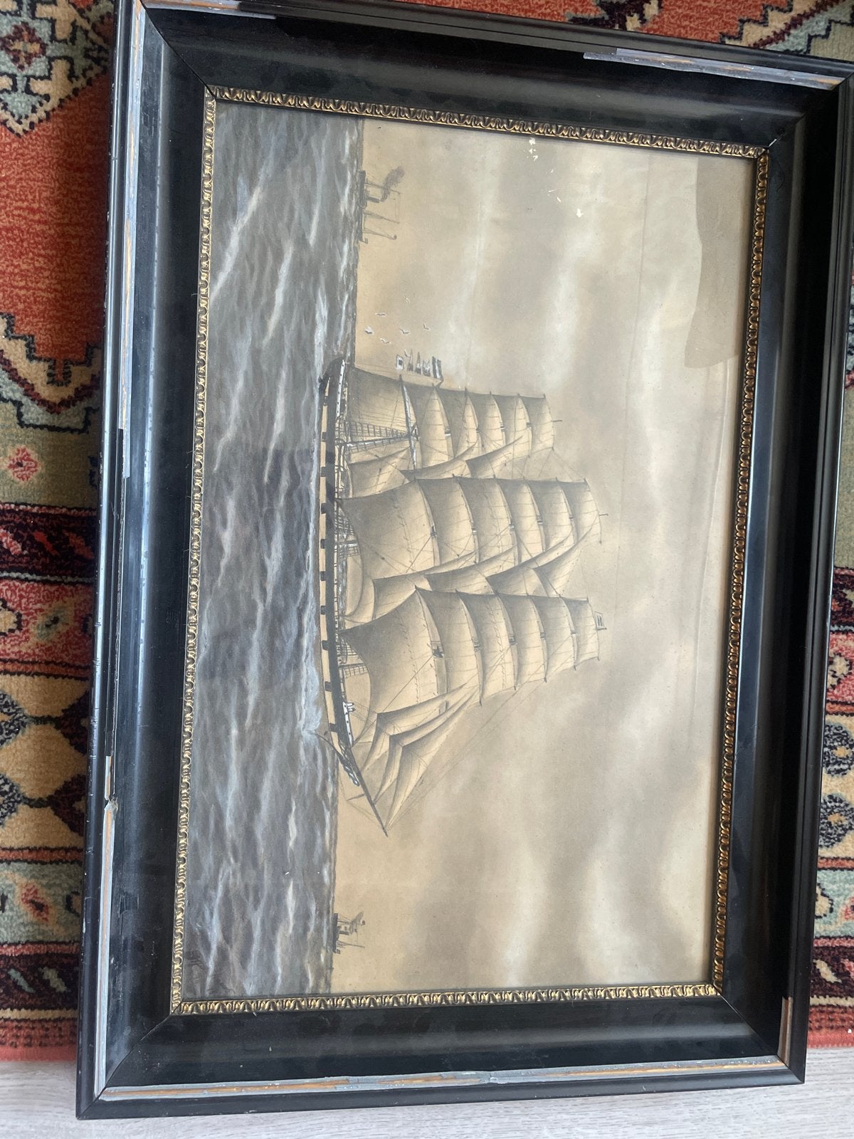 Antieke Maritieme Print: Zeilschip op Zee in Lijst, Achter glas, Maritiem / water, Ophalen of Verzenden, Klassiek