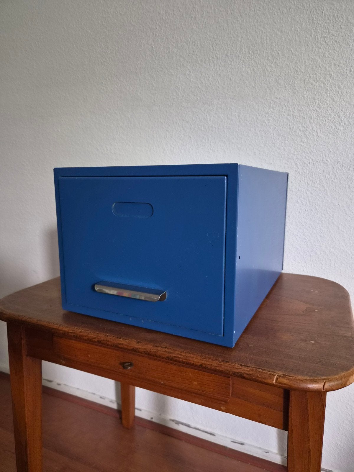Vintage metalen archiefkastje blauw industriele stijl, Huis en Inrichting, Ophalen, Minder dan 50 cm, Gebruikt, Minder dan 100 cm