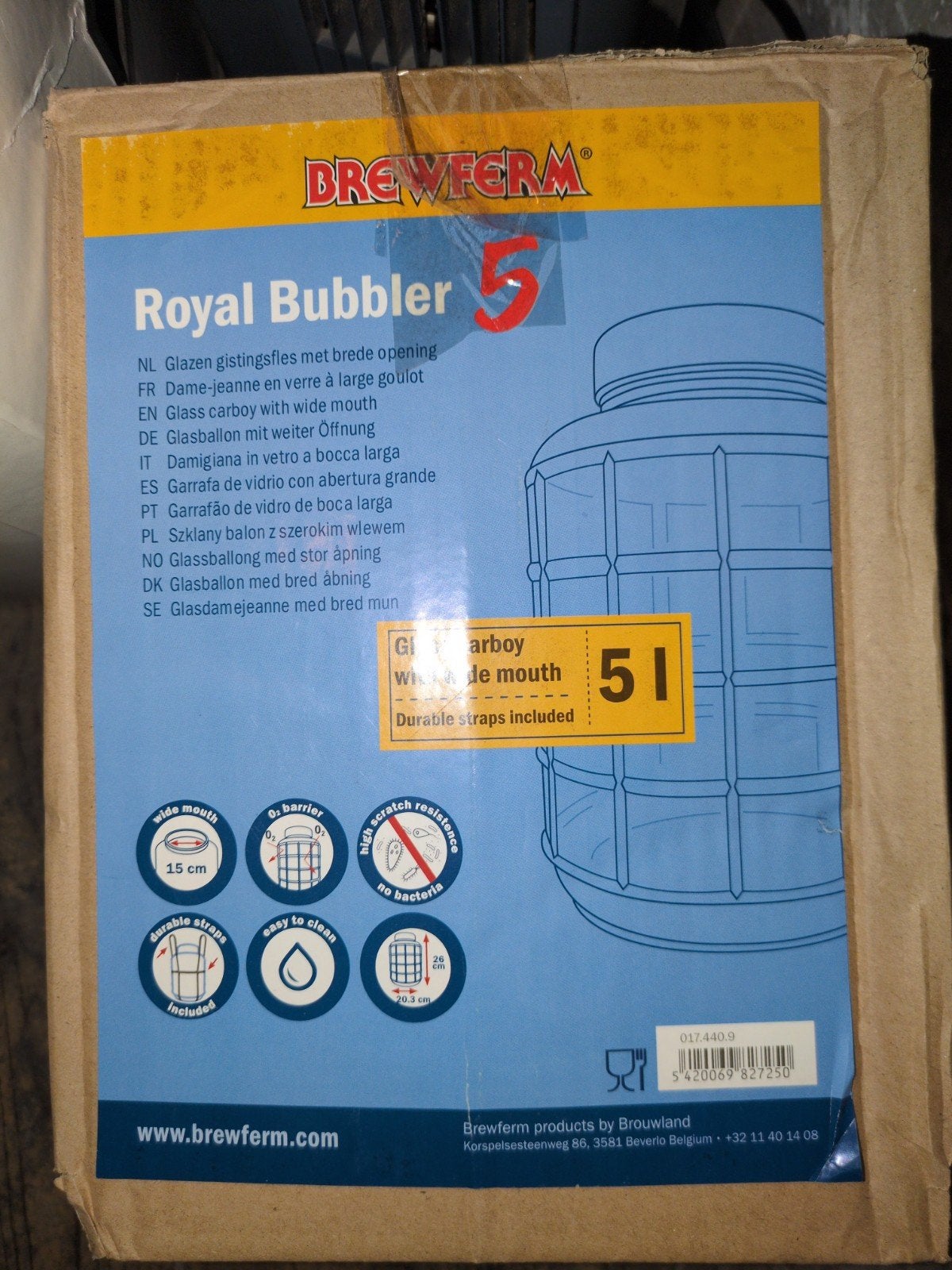 Brewferm Royal Bubbler 5L Glazen Gistingsfles, Hobby en Vrije tijd, Ophalen, Nieuw