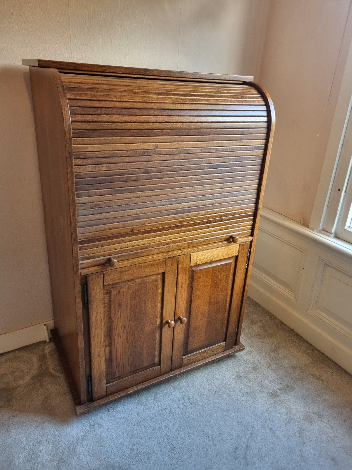 Vintage eiken rolluik kastje / secretaire, Ophalen