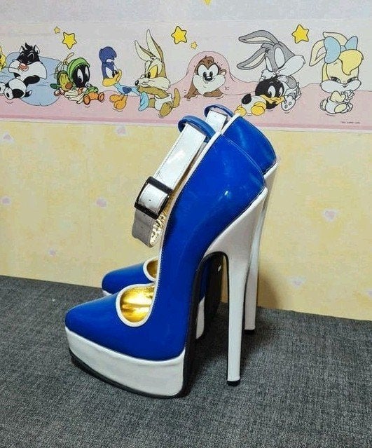 Nieuwe Wonderheels Drag Queen Schoenen - Blauw/Wit Maat 43, Blauw, Nieuw, Ophalen of Verzenden, Schoenen met hoge hakken