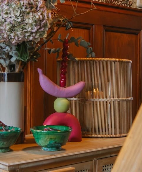 Rotan lantaarn met glazen vaas, Huis en Inrichting, Ophalen, Boho, Zo goed als nieuw, Natuurlijk materiaal