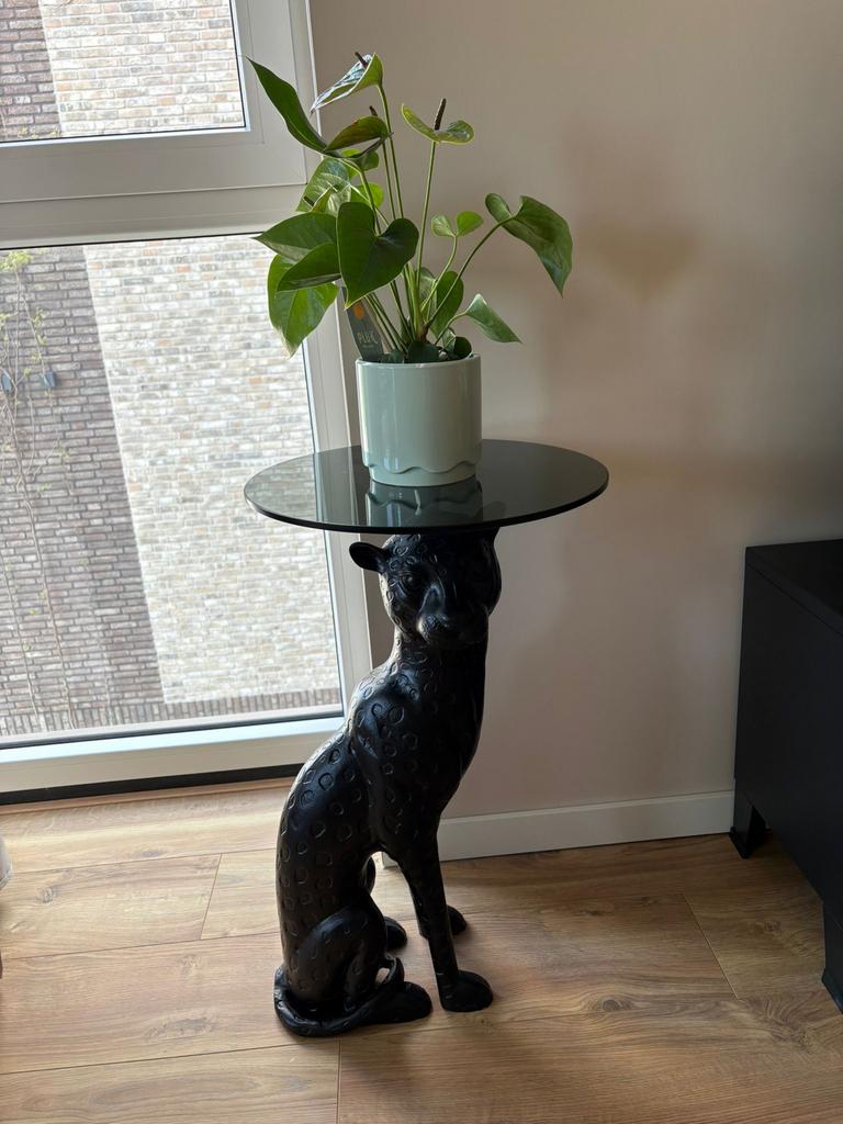 Bijzettafel Panter met Glazen Blad - Uniek Design, Ophalen, Minder dan 55 cm, Rond, 60 cm of meer